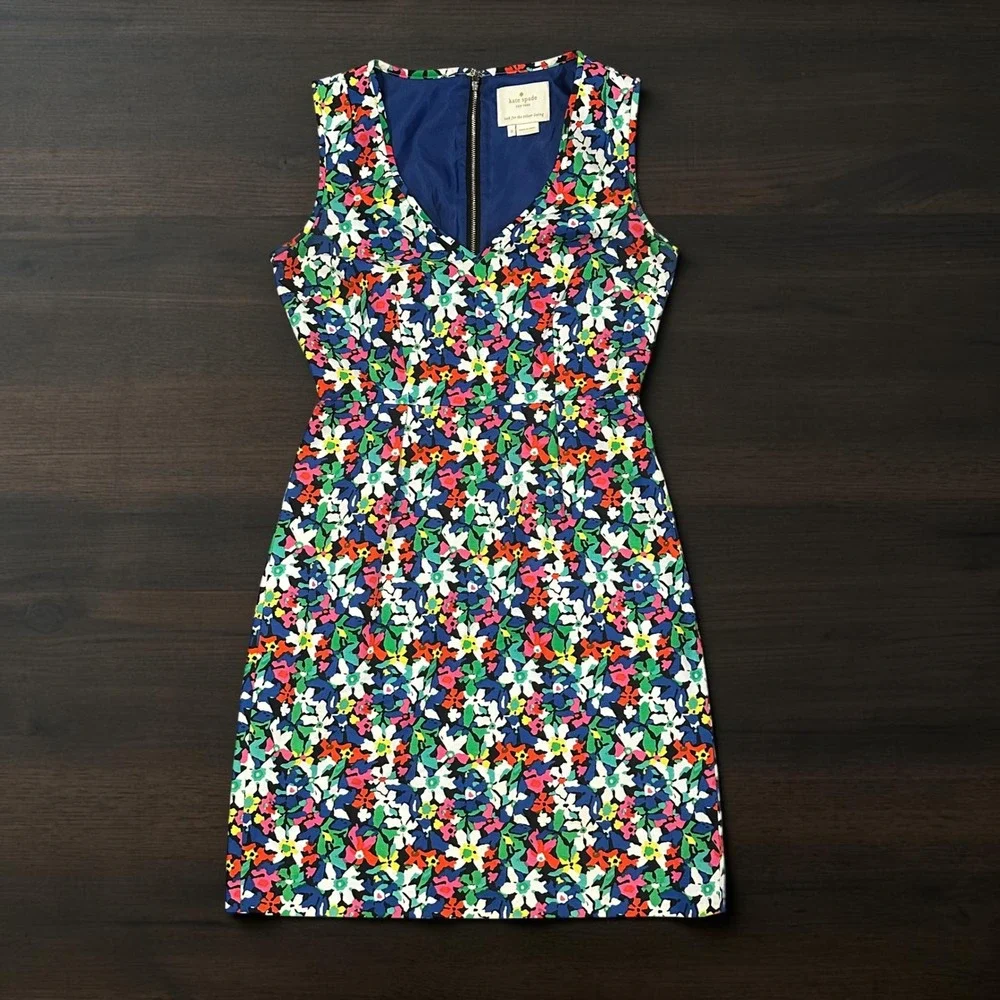 Kate Spade Mira in full Bloom Floral V-Neck Sleeveless Sheath Dress‎ Sz 0 Bright